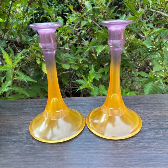 Pair of Vintage Satin Pressed Glass Candle Holders with Amber Purple Gradient - Picture 4 of 15